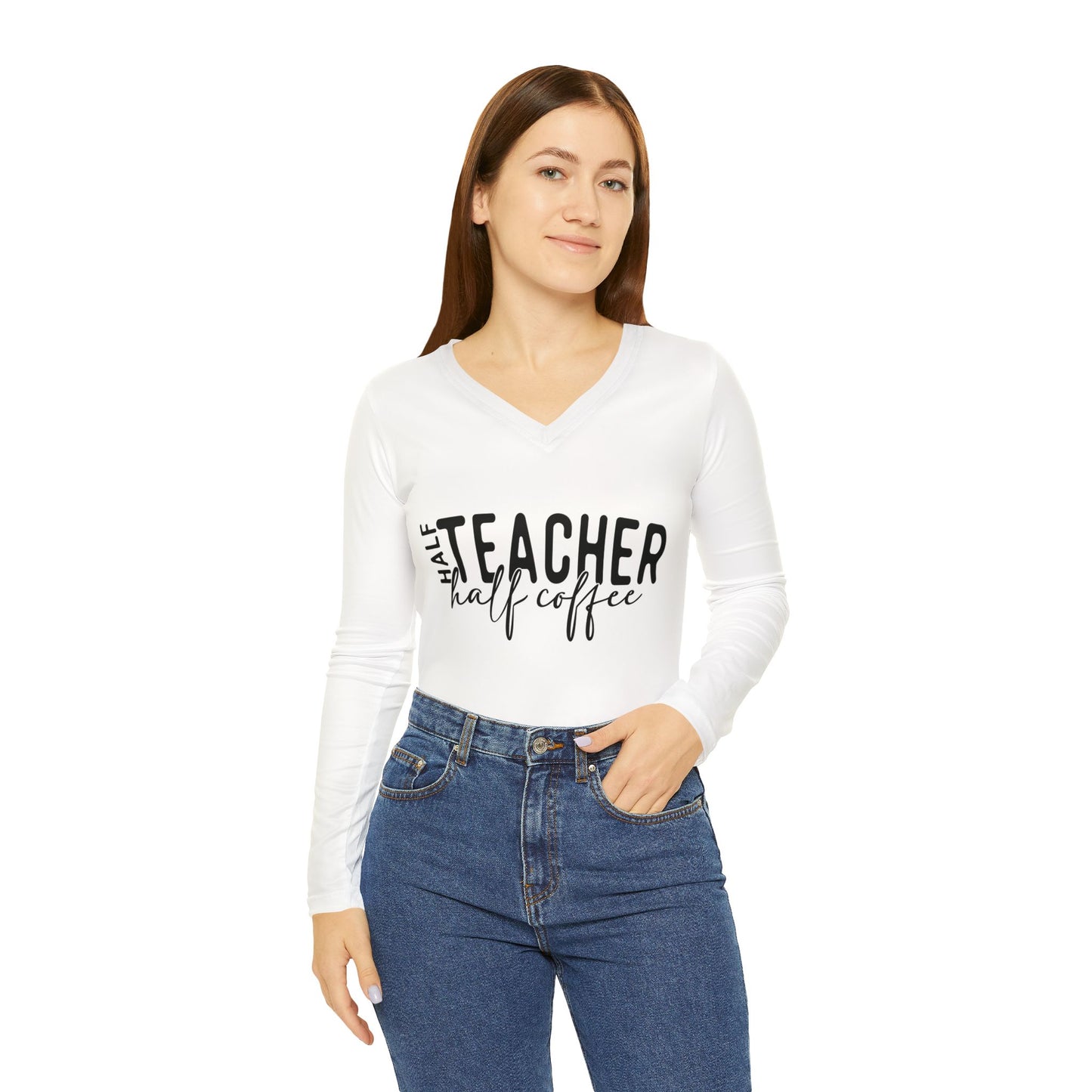 Half Teacher, Half Coffee - Women's Long Sleeve V-neck Shirt (AOP)